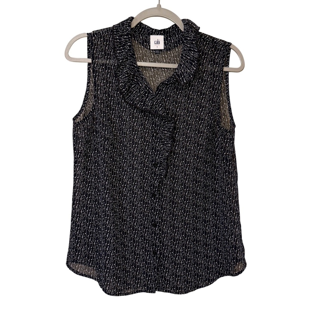 Cabi Women Sleeveless Blouse‎ Black Small Music Note Print Ruffle Office Teacher - Picture 2 of 7